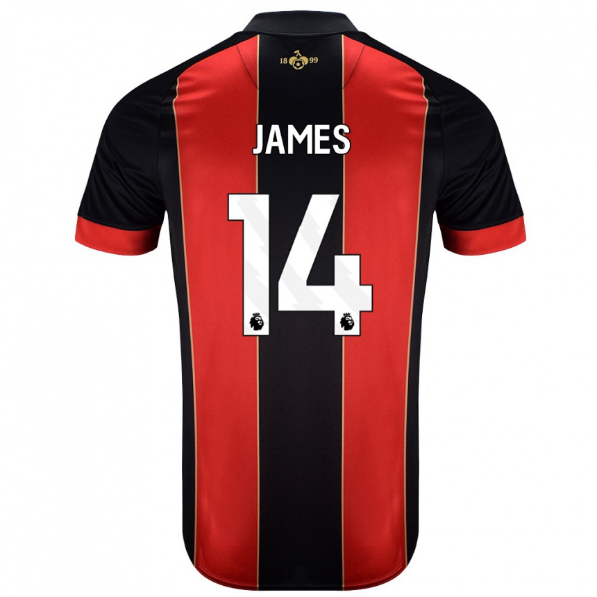 Férfi Labdarúgás Katie James #14 Piros Fekete Hazai Jersey 2024/25 Mez Póló Ing