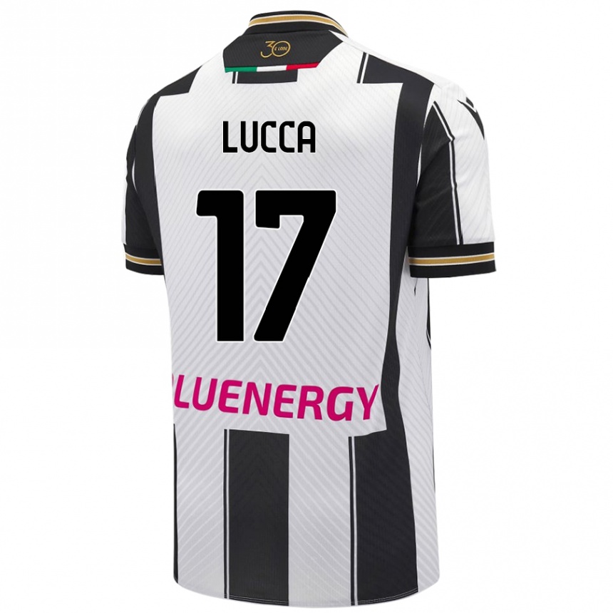 Gyermek Labdarúgás Lorenzo Lucca #17 Fehér Fekete Hazai Jersey 2024/25 Mez Póló Ing