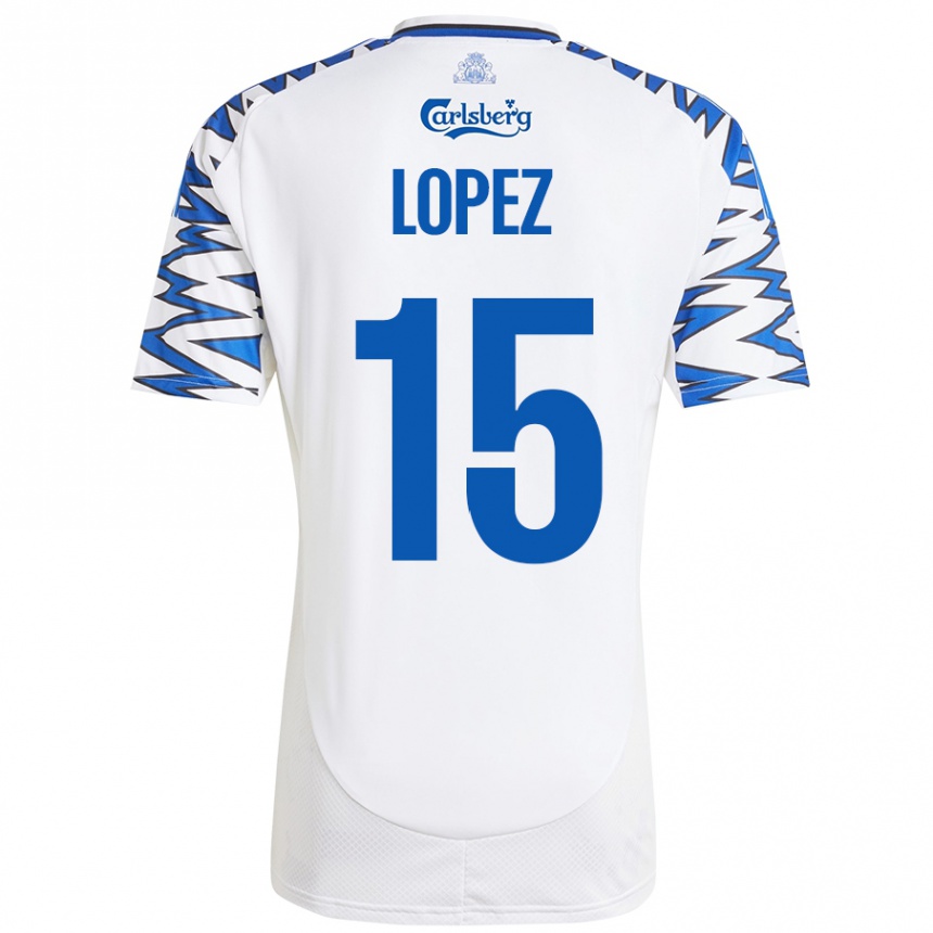 Gyermek Labdarúgás Marcos López #15 Fehér Ég Kék Hazai Jersey 2024/25 Mez Póló Ing