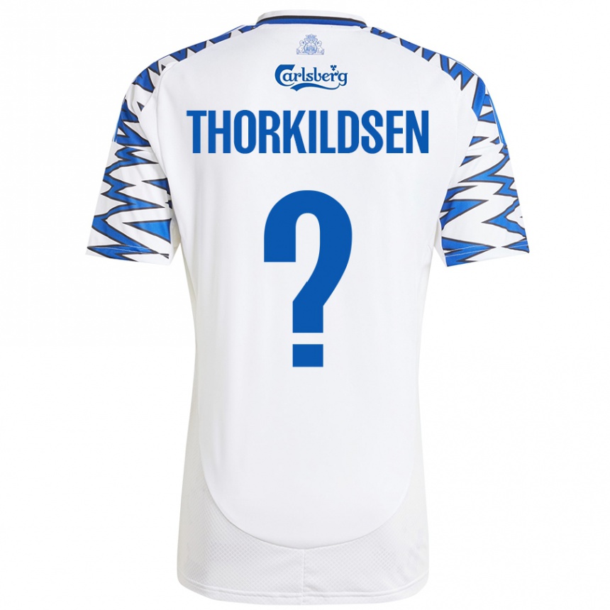 Gyermek Labdarúgás Elias Thorkildsen #0 Fehér Ég Kék Hazai Jersey 2024/25 Mez Póló Ing