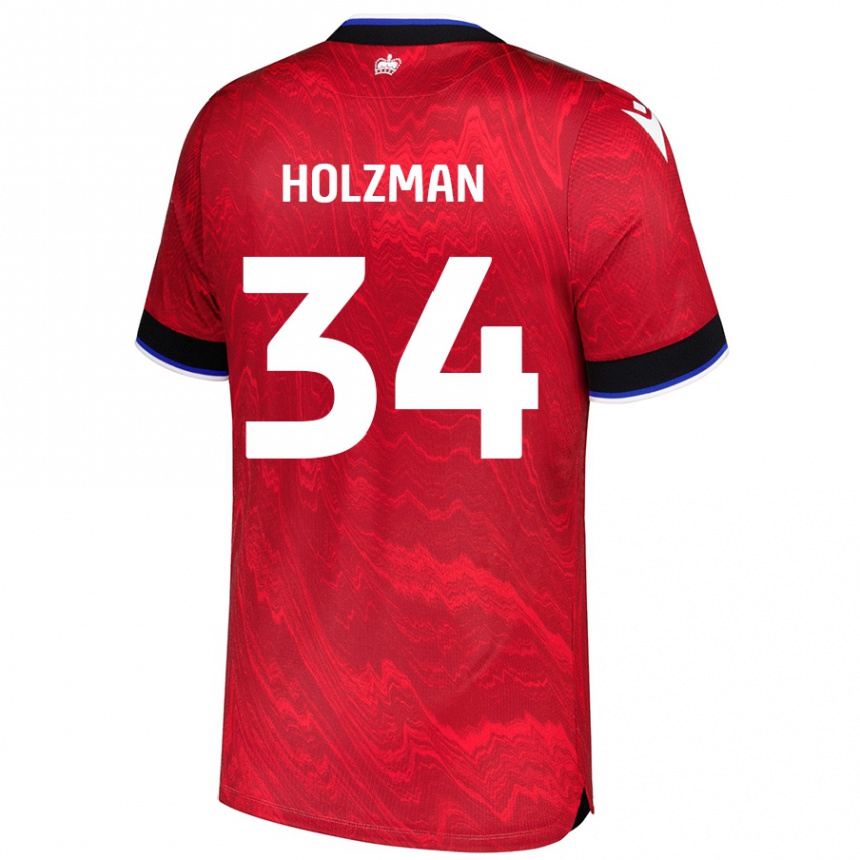 Gyermek Labdarúgás Louie Holzman #34 Piros Fekete Idegenbeli Jersey 2024/25 Mez Póló Ing