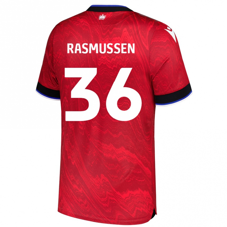 Gyermek Labdarúgás Tash Rasmussen #36 Piros Fekete Idegenbeli Jersey 2024/25 Mez Póló Ing