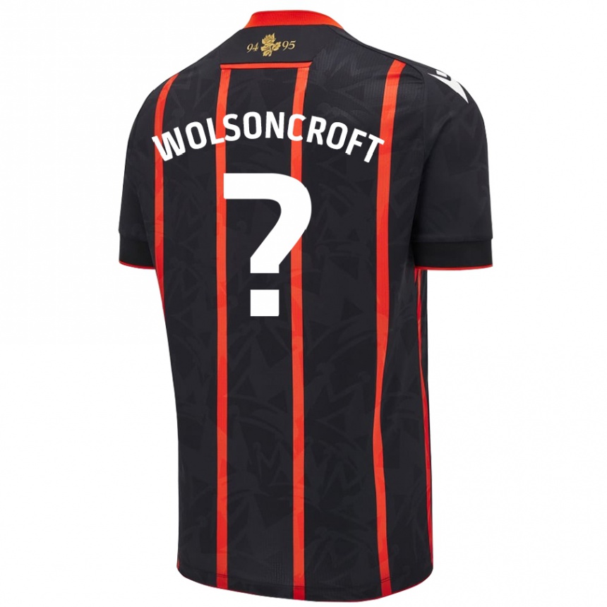 Gyermek Labdarúgás Blake Wolsoncroft #0 Fekete Piros Idegenbeli Jersey 2024/25 Mez Póló Ing