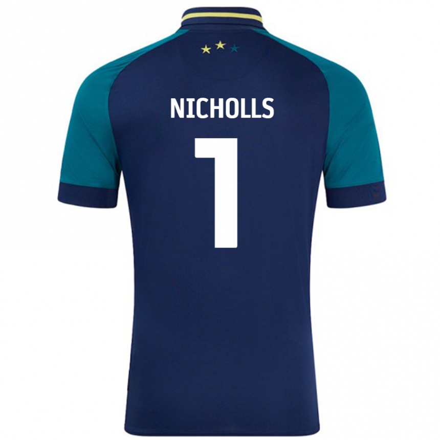 Gyermek Labdarúgás Lee Nicholls #1 Navy Sötétzöld Idegenbeli Jersey 2024/25 Mez Póló Ing