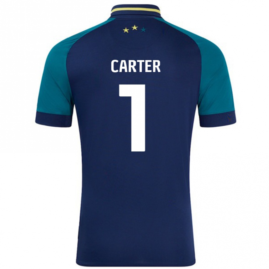 Gyermek Labdarúgás Laura Carter #1 Navy Sötétzöld Idegenbeli Jersey 2024/25 Mez Póló Ing