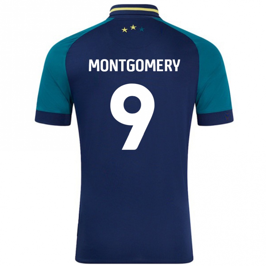 Gyermek Labdarúgás Ria Montgomery #9 Navy Sötétzöld Idegenbeli Jersey 2024/25 Mez Póló Ing