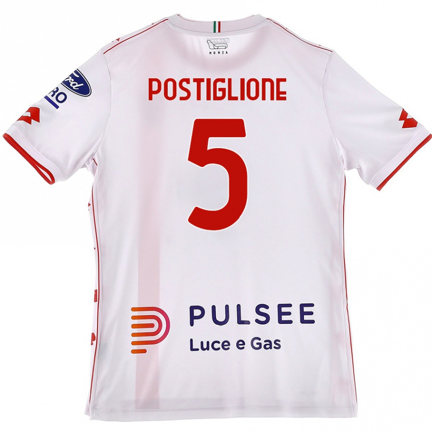 Gyermek Labdarúgás Nicolò Postiglione #5 Fehér Piros Idegenbeli Jersey 2024/25 Mez Póló Ing