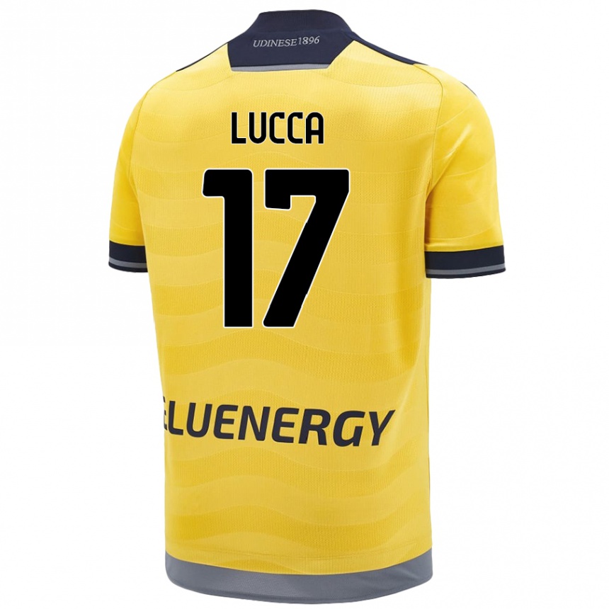 Gyermek Labdarúgás Lorenzo Lucca #17 Aranysárga Idegenbeli Jersey 2024/25 Mez Póló Ing