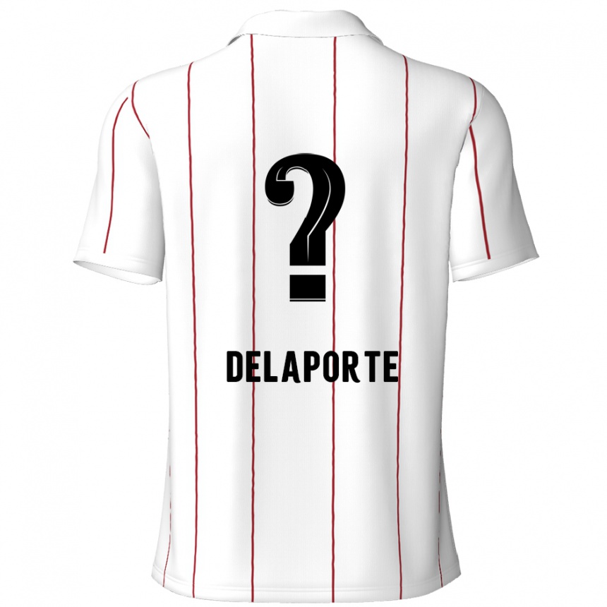 Gyermek Labdarúgás Kyano Delaporte #0 Fehér Fekete Idegenbeli Jersey 2024/25 Mez Póló Ing