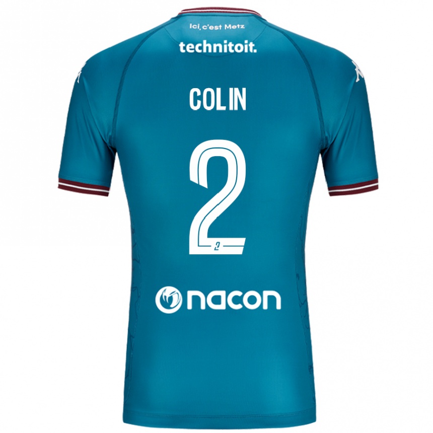 Gyermek Labdarúgás Maxime Colin #2 Bleu Benzin Idegenbeli Jersey 2024/25 Mez Póló Ing