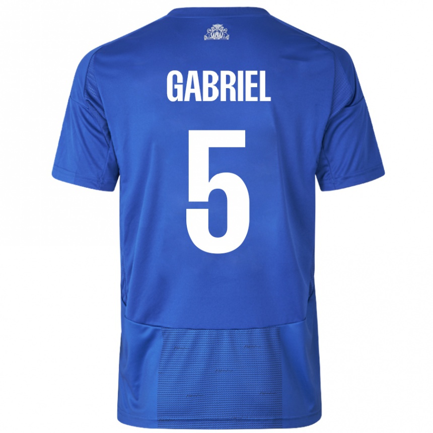 Gyermek Labdarúgás Gabriel Pereira #5 Fehér Kék Idegenbeli Jersey 2024/25 Mez Póló Ing