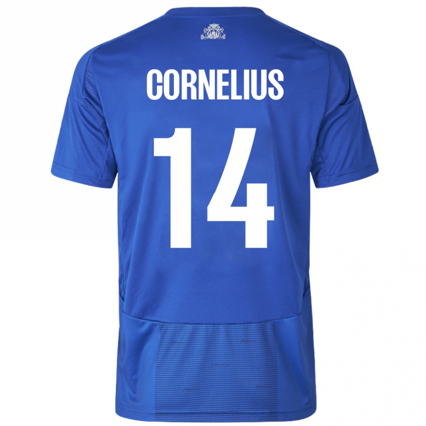 Gyermek Labdarúgás Andreas Cornelius #14 Fehér Kék Idegenbeli Jersey 2024/25 Mez Póló Ing