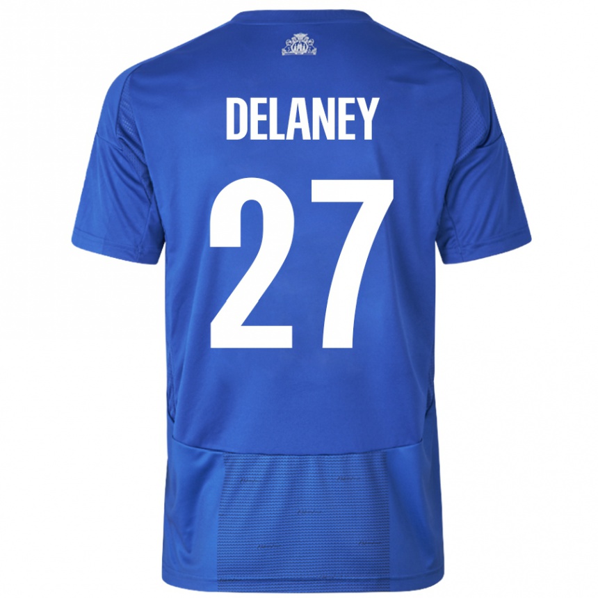 Gyermek Labdarúgás Thomas Delaney #27 Fehér Kék Idegenbeli Jersey 2024/25 Mez Póló Ing