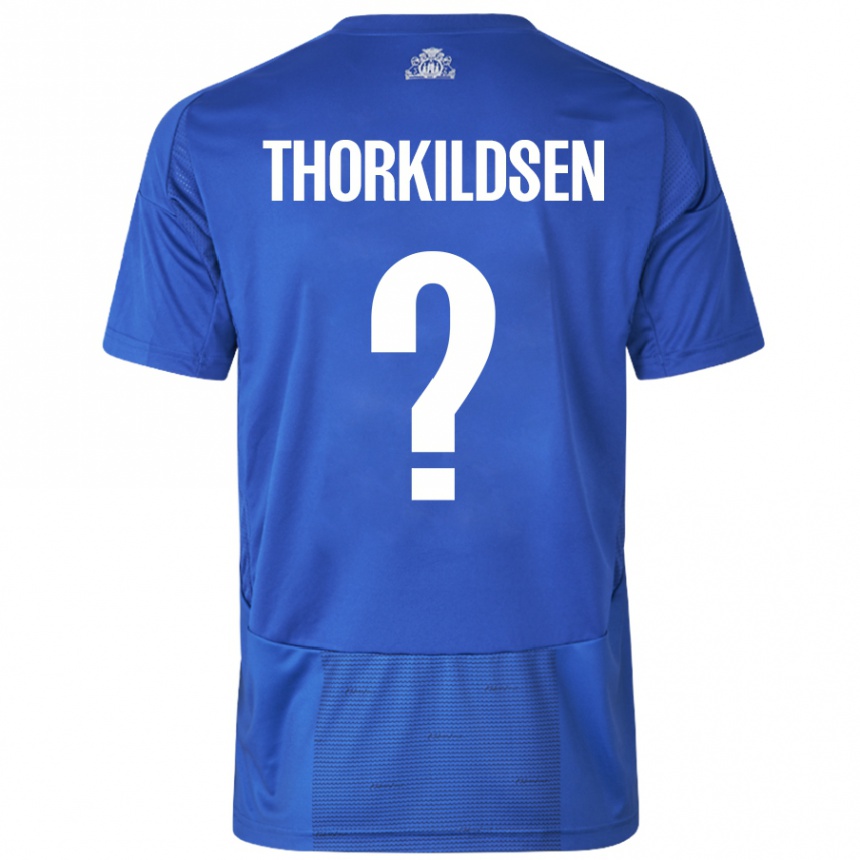 Gyermek Labdarúgás Elias Thorkildsen #0 Fehér Kék Idegenbeli Jersey 2024/25 Mez Póló Ing