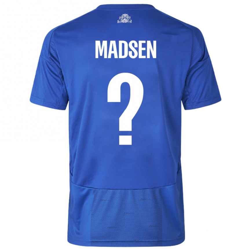 Gyermek Labdarúgás Noah Madsen #0 Fehér Kék Idegenbeli Jersey 2024/25 Mez Póló Ing