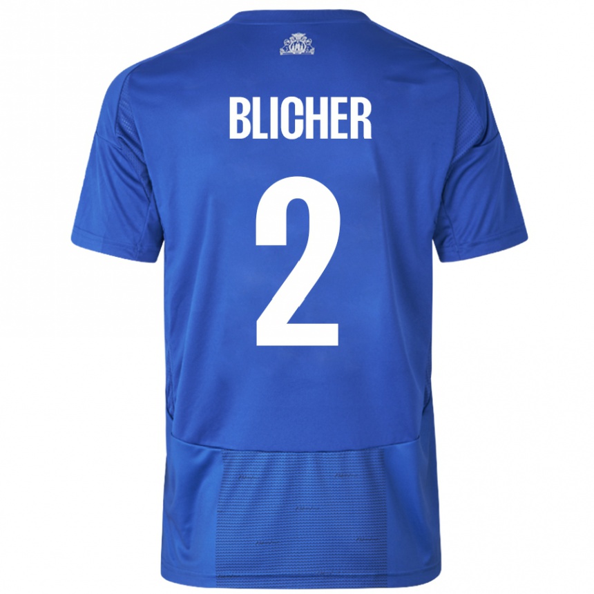 Gyermek Labdarúgás Nicolai Blicher #2 Fehér Kék Idegenbeli Jersey 2024/25 Mez Póló Ing