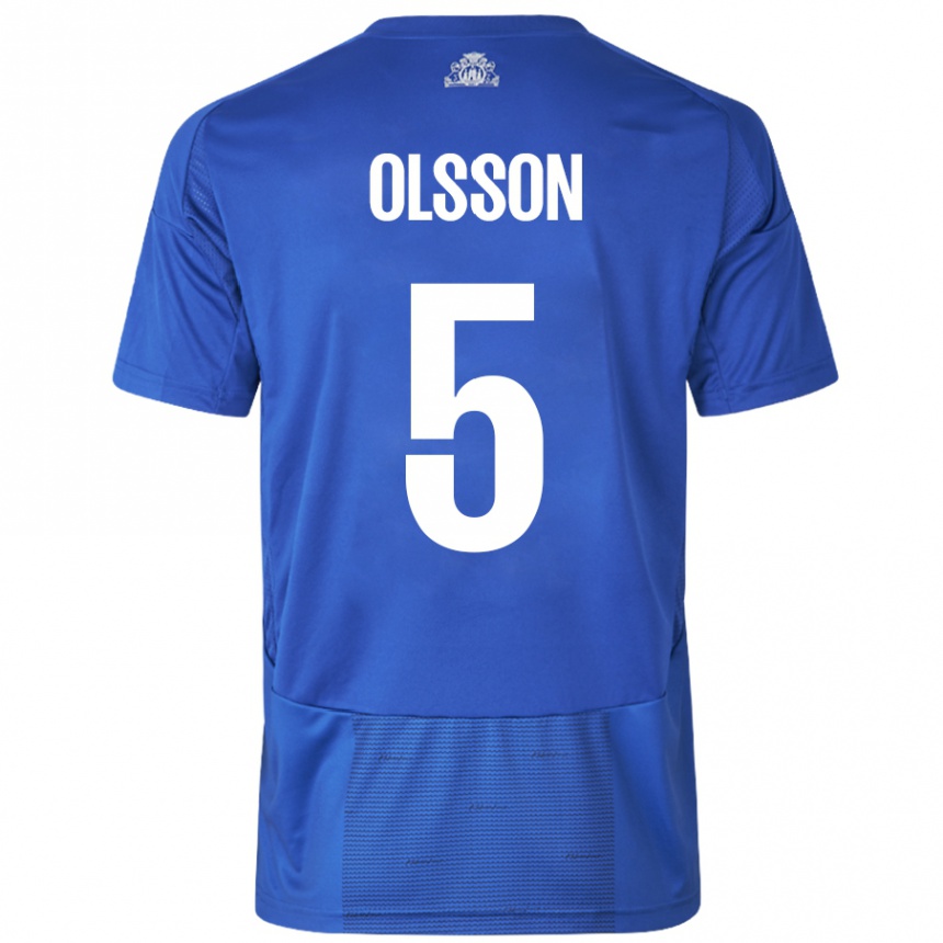 Gyermek Labdarúgás Cornelius Olsson #5 Fehér Kék Idegenbeli Jersey 2024/25 Mez Póló Ing