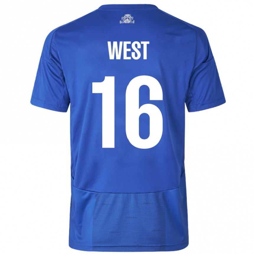 Gyermek Labdarúgás Liam West #16 Fehér Kék Idegenbeli Jersey 2024/25 Mez Póló Ing